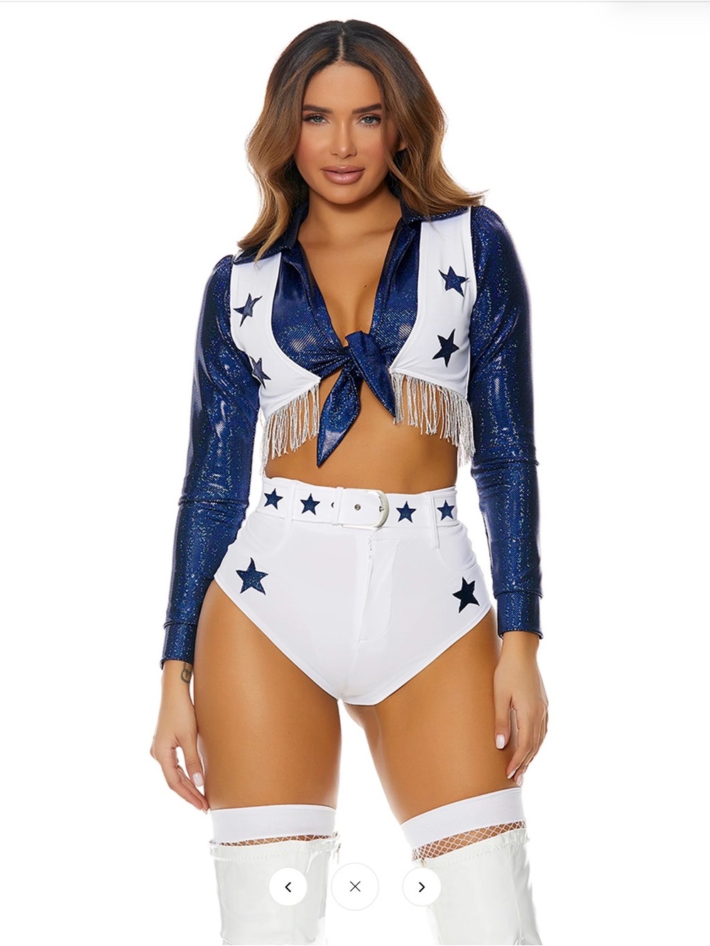 Haloween adult Dallas Cheerleader Costume Blue & White Star Fringe Set NWT XS/S